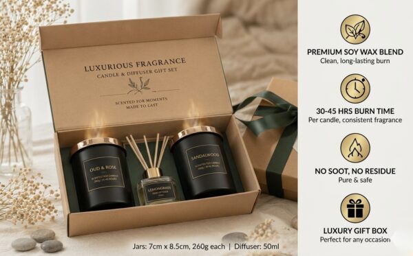 Luxury Candle Gift Set for Home Decor | 2 Soy Wax Scented Candles (Oud Rose & Sandalwood Lavender) + Lemongrass Reed Diffuser | Aromatherapy Spa Gift Box for Diwali, Birthday, Anniversary