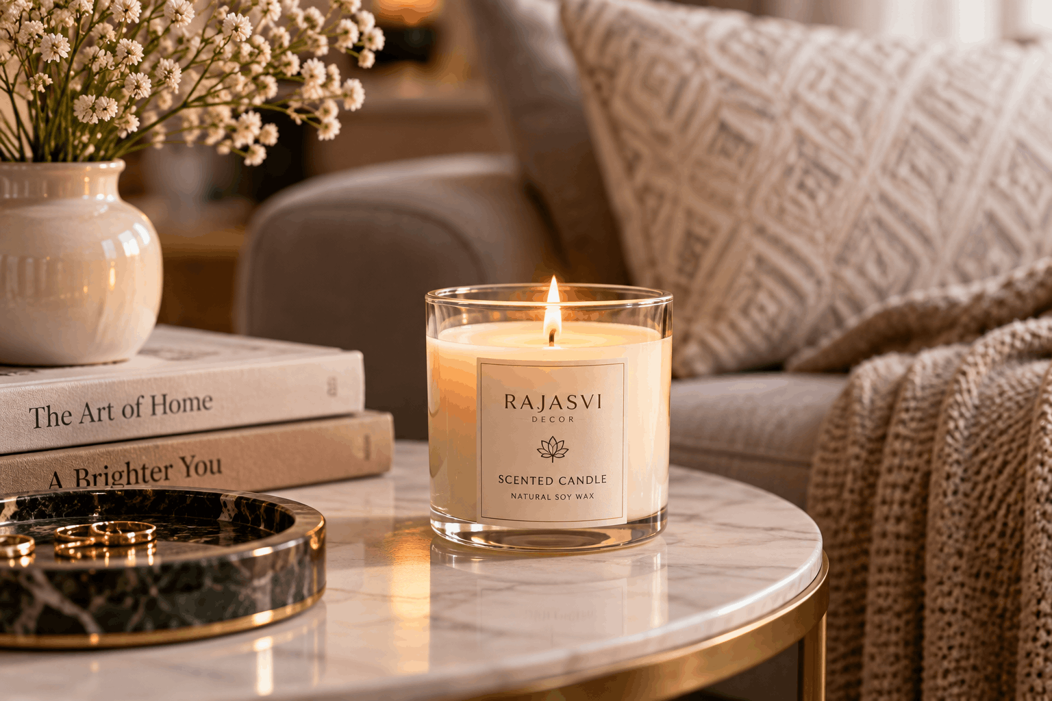 scented candle placed on a living room