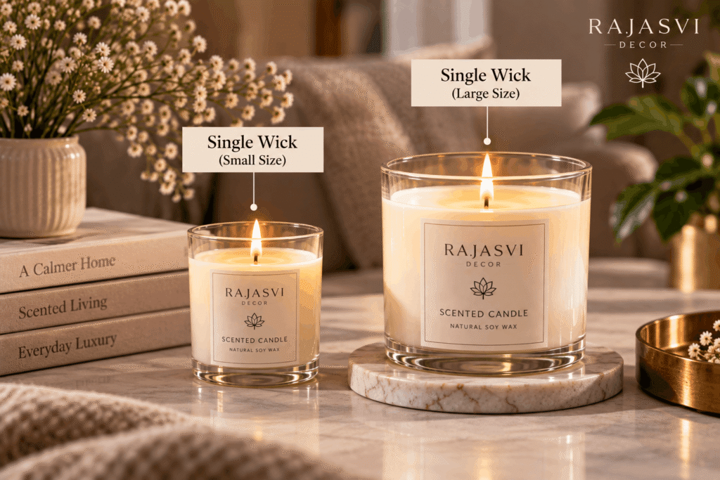 showing a small single-wick candle next to a large multi-wick candle for size