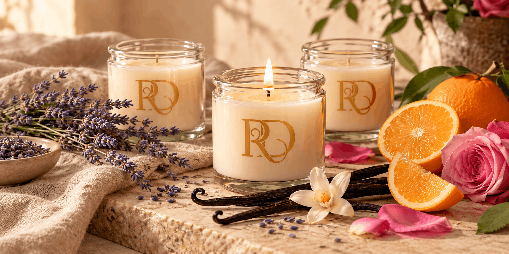 Jar candles with lavender, vanilla, citrus and rose