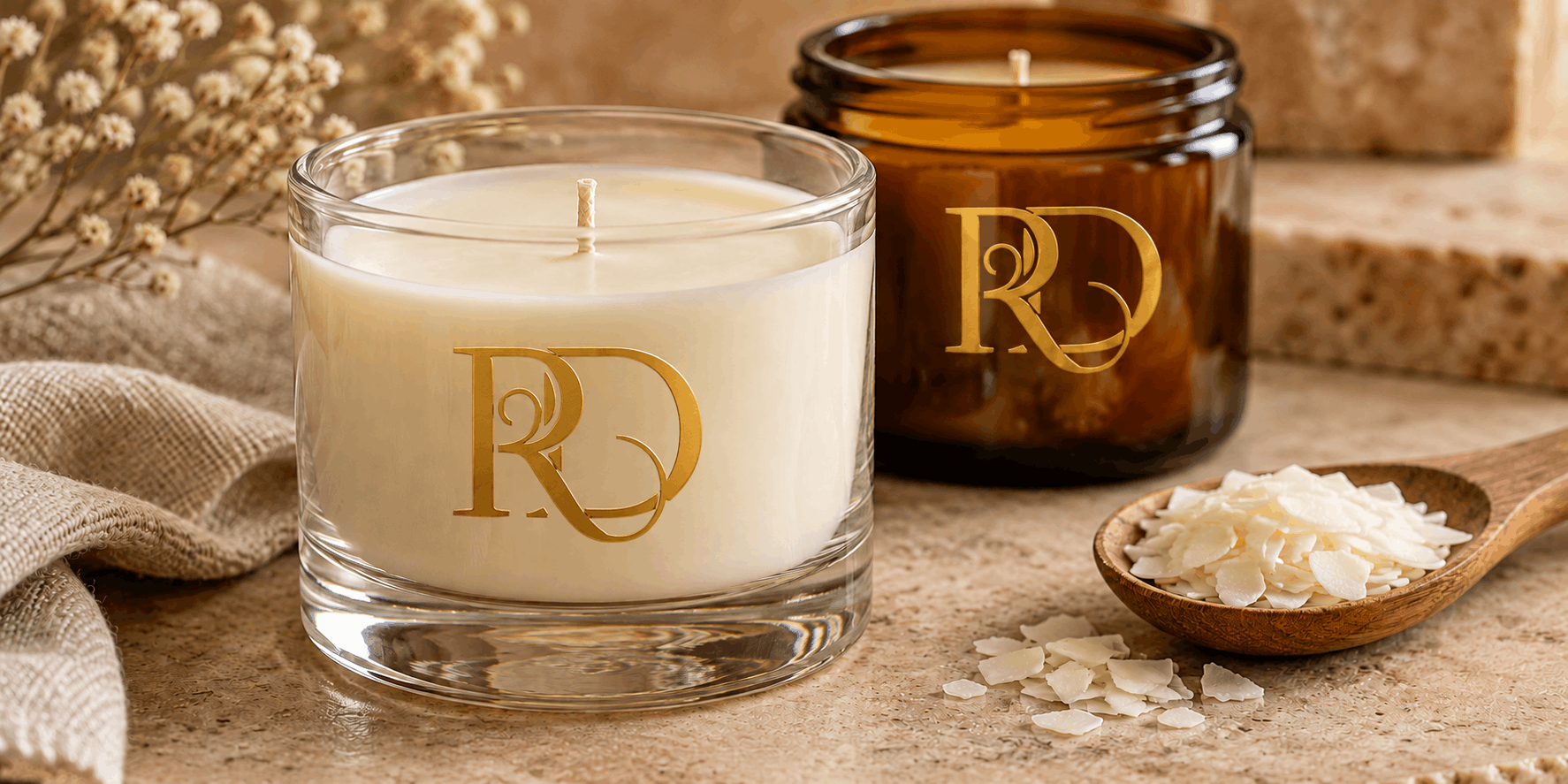 Clear and amber candle jars with wax flakes