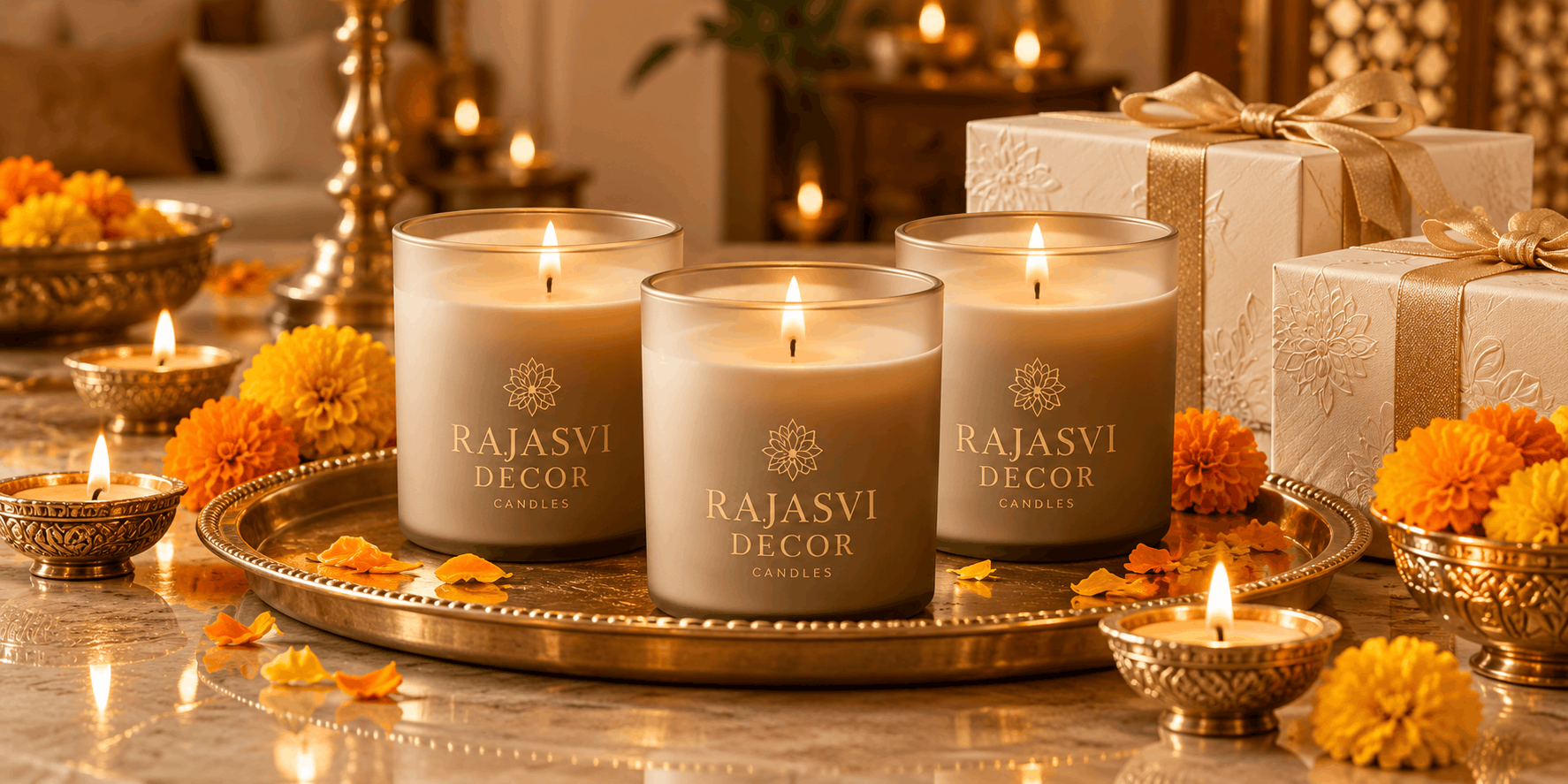 Rajasvi Decor Diwali scented candle gifts with festive boxes, diyas and marigolds