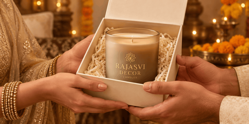 Hands exchanging a Rajasvi Decor candle gift box for Diwali