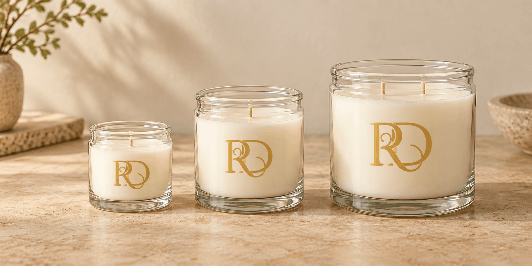 Small, medium and large glass jar candles